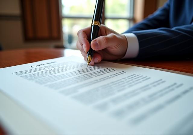 Close-up of a legal professional reviewing an authoritative contract document
